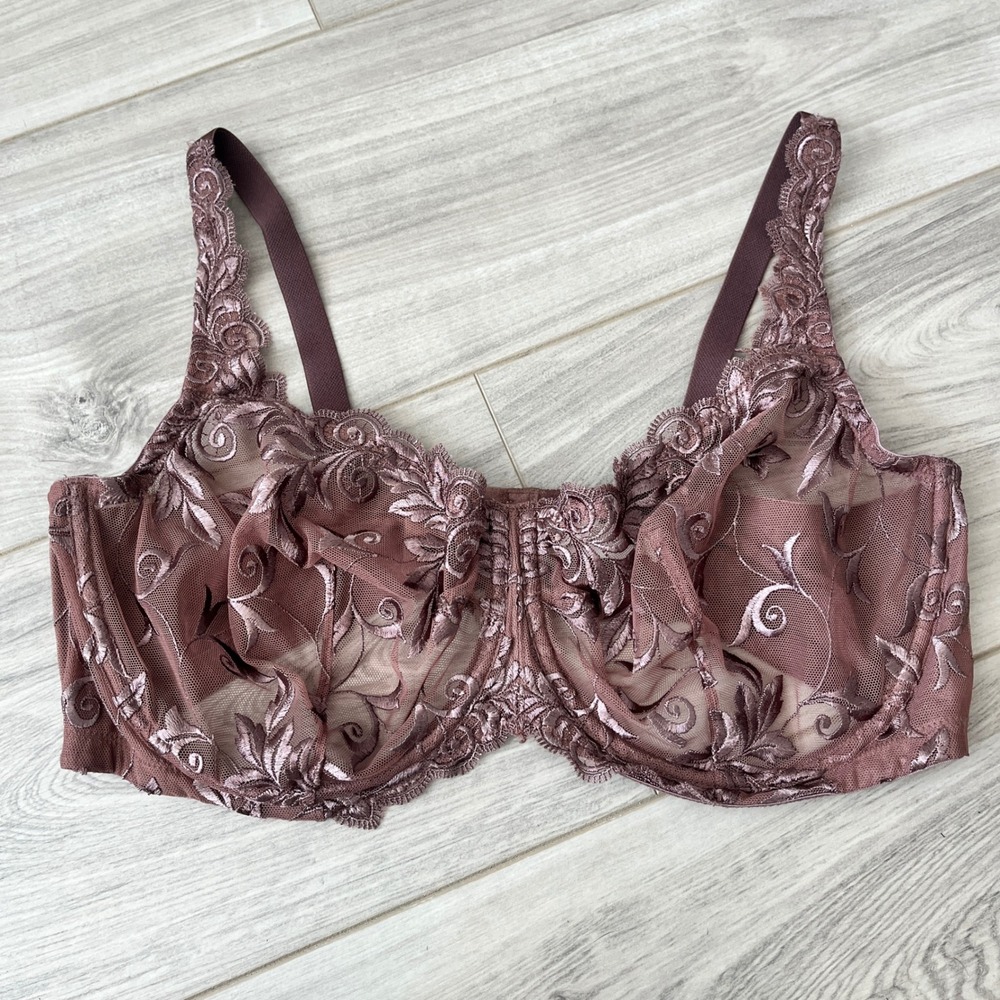 Soma Embroidered Unlined Underwire Bra Floral Mesh Mauve 40D Sheer Support
